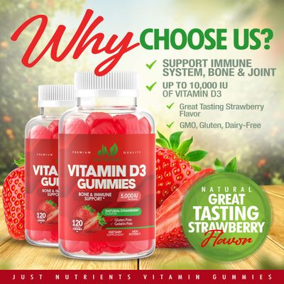 Vitamin D3 5000IU / 10,000IU Gummies for Adults &amp; Kids (120 Count) - Immune System, Bone &amp; Joint Support - Gluten-Free, Non-GMO, 100% Vegetarian, Great Tasting Strawberry Flavor - 4 Month Supply