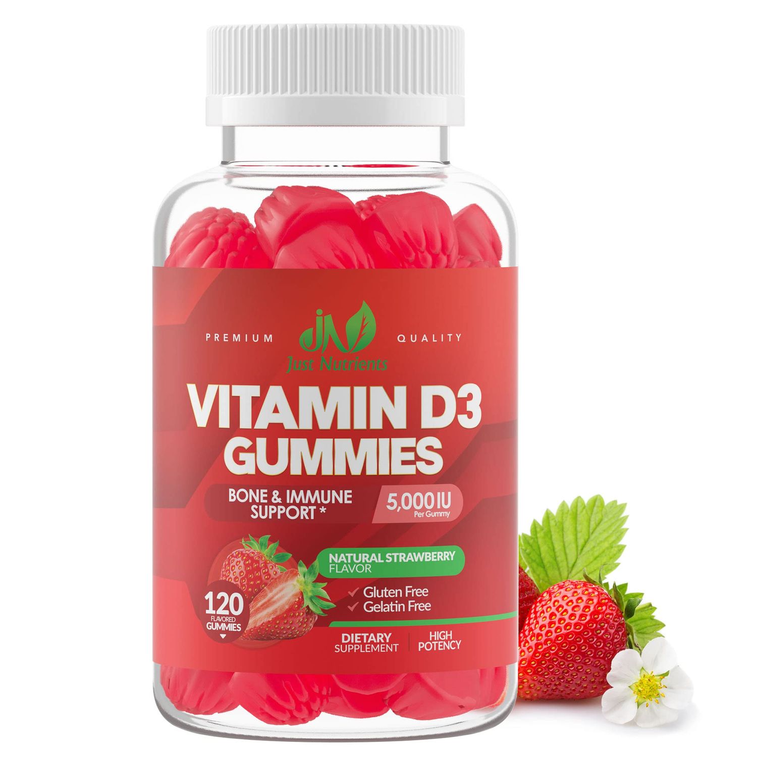 Vitamin D3 5000IU / 10,000IU Gummies for Adults &amp; Kids (120 Count) - Immune System, Bone &amp; Joint Support - Gluten-Free, Non-GMO, 100% Vegetarian, Great Tasting Strawberry Flavor - 4 Month Supply