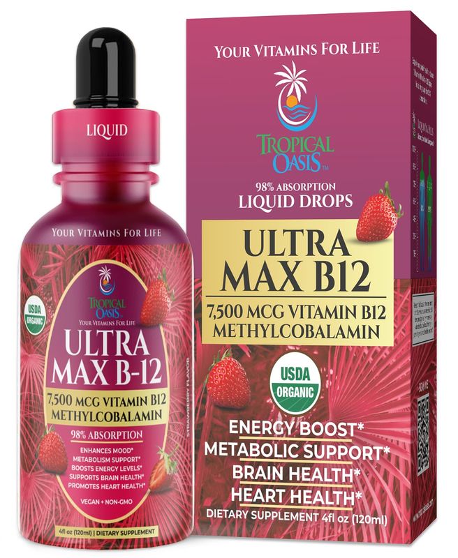 USDA Organic Ultra Max B12 | Superdose 7500mcg Vitamin B12 Liquid Drops | B12 as Methylcobalamin| Max 98% Absorption Rate | Promotes Energy| Vegan, Non-GMO, Strawberry flavor -4oz