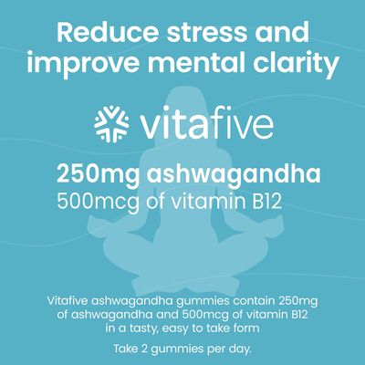 vitafive Ashwagandha Gummies with Vitamin B12, Ashwagandha Gummies for Men and Women, Vegan, Gluten Free (50 Ct)