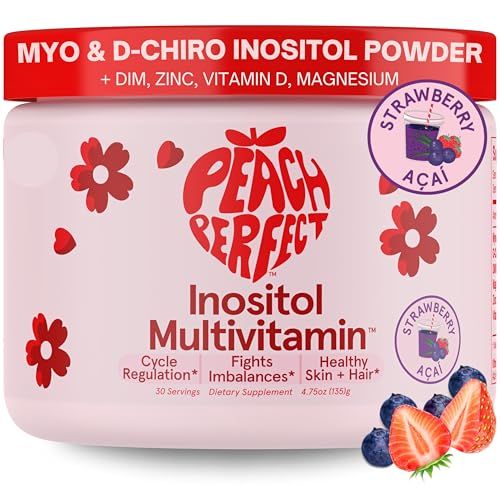 Peach Perfect Inositol Powder Multivitamin, Strawberry Acai Flavor - 4g Myo-Inositol &amp; D-Chiro Inositol, DIM, Zinc, Magnesium Glycinate, Vitamin D3 - Supports Womens Health, Cycle, Energy, 30 SVG