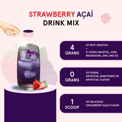 Peach Perfect Inositol Powder Multivitamin, Strawberry Acai Flavor - 4g Myo-Inositol &amp; D-Chiro Inositol, DIM, Zinc, Magnesium Glycinate, Vitamin D3 - Supports Womens Health, Cycle, Energy, 30 SVG
