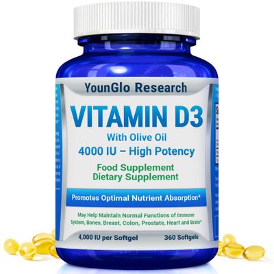 YounGlo Research Vitamin D3 4000 IU Dietary Supplement to Promote Healthy Bone &amp; Immune Function, Easy-to-Swallow 360 Softgels