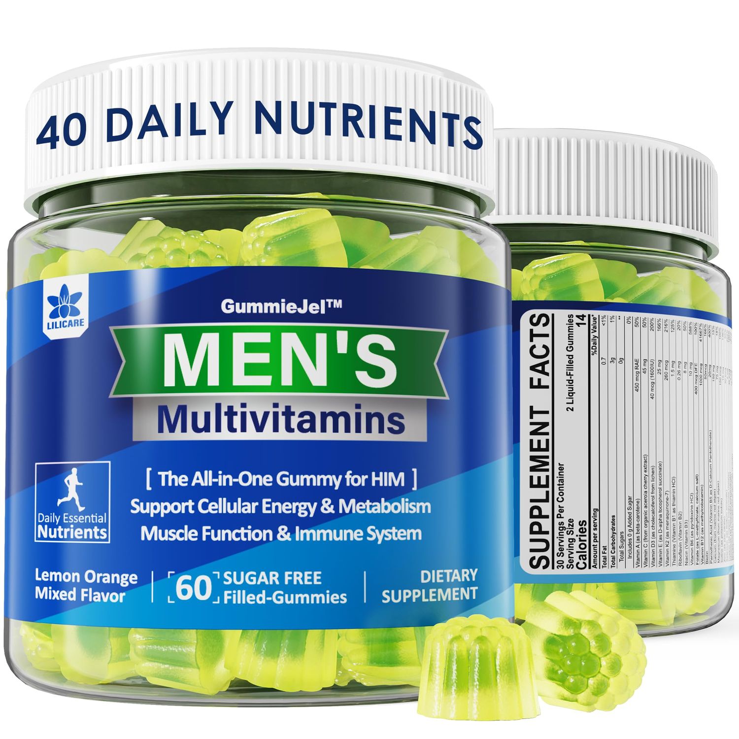 Mens Multivitamins Gummies, Multiminerals, Vegan Omega 3, CoQ10, Probiotics, Daily Mens Vitamins A C D3 E B6 B12, Methylated Multivitamin for Men - Energy, Immunity, Sugar Free, Vegan (No Iron) 60 Cts