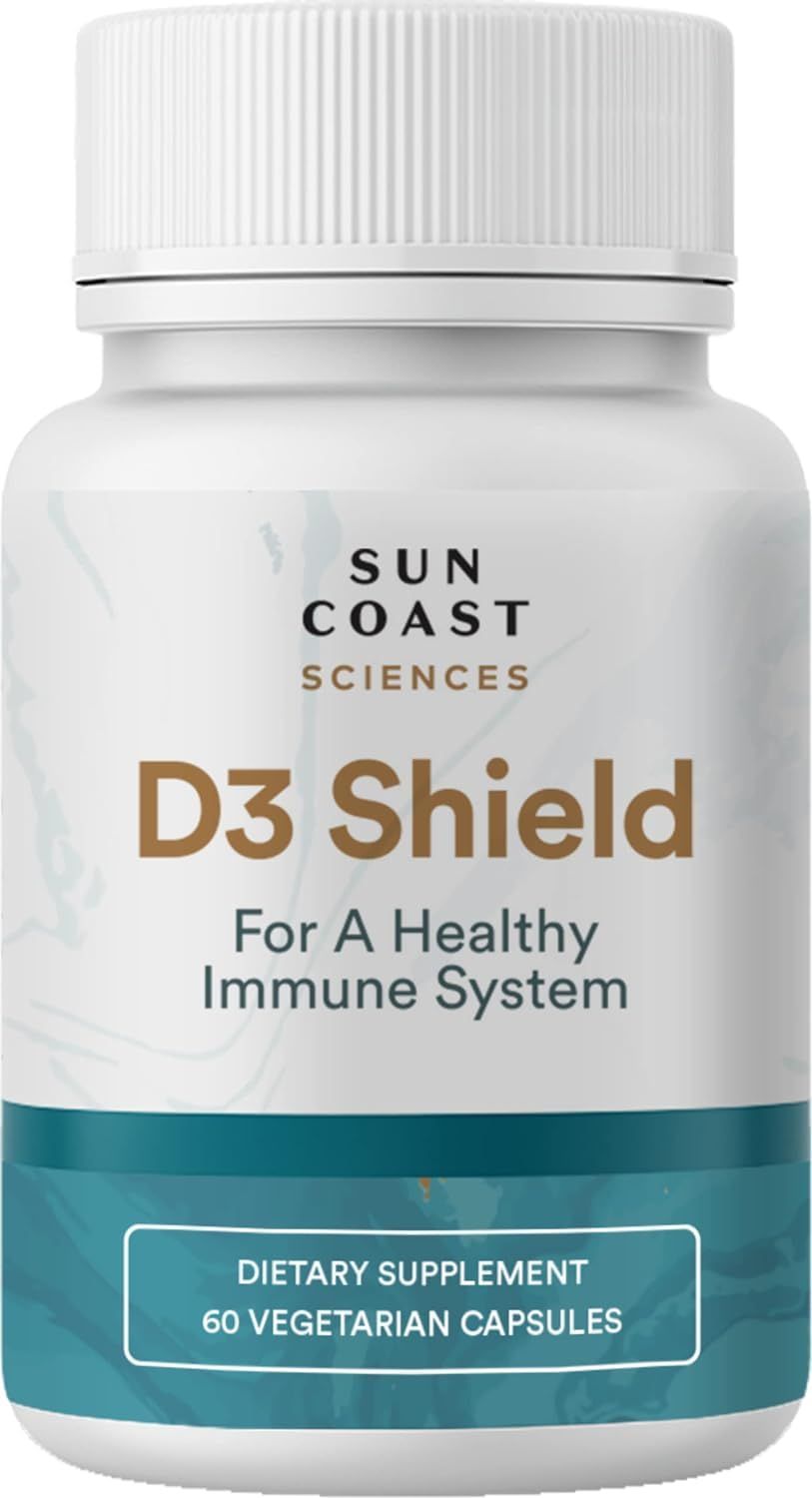 Sun Coast Science Sciences D3 Shield - Vitamin D3 5000 IU for Immune Support and Bone Health 60 Vegetarian Capsules K2 with 180mg Calcium Carbonate Maximum Absorption