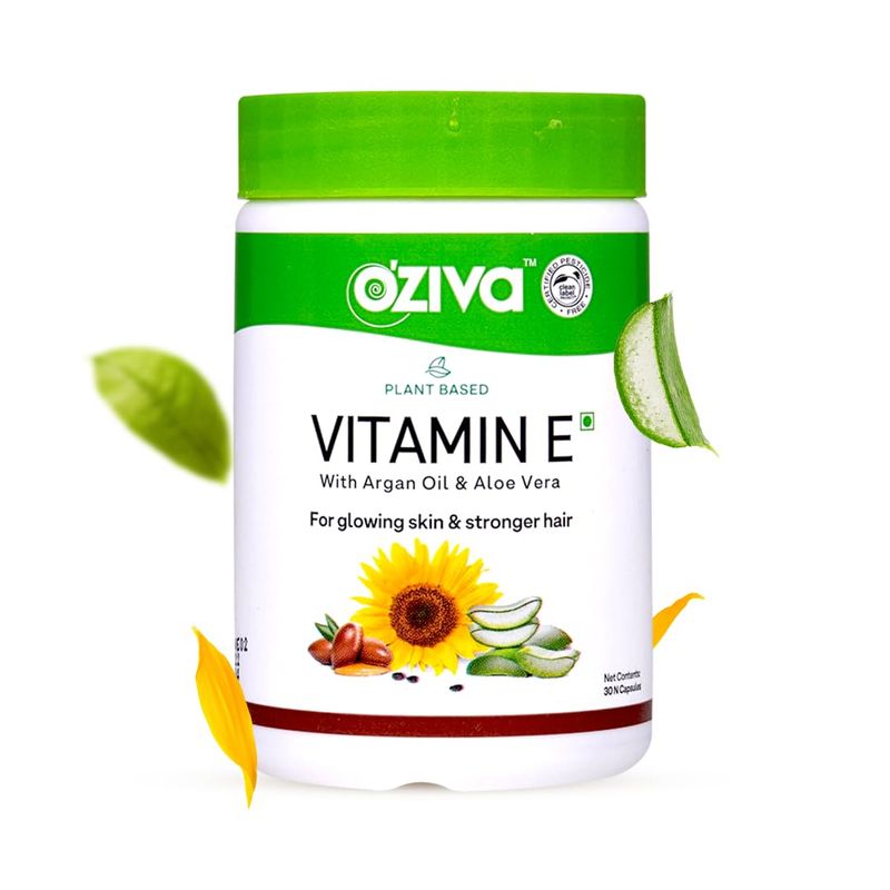 OZiva Plant Based 100% Natural Vitamin E + Aloe Vera + Argan Oil for Glowing Skin &amp; Stronger Hair, 30 Veg Capsules, Non GMO