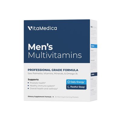 VitaMedica Mens Multivitamin with Prostate Health Support | Vitamins, Minerals, Omega3s and Saw Palmetto | Box of 30 Easy Daily Packs | Supports Natural Energy and Sleep | Muscle, Joint Health