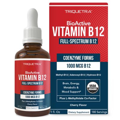 BioActive Vitamin B12 1000 mcg | Contains 3 BioActive B12 Forms Plus Methylfolate Cofactor - Methyl B12, Adenosyl B12 &amp; Hydroxy B12 | Sublingual Form, Cherry Flavor, Organic, Vegan (180 Servings)