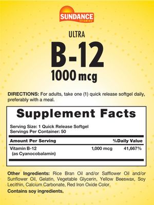 Sundance Vitamin B12 | 1000 mcg | 50 Quick Release Softgels | Non-GMO and Gluten Free Supplement