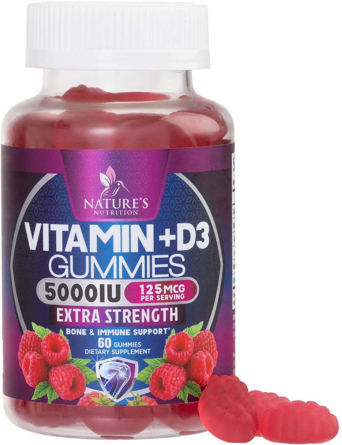 Vitamin D3 Gummies Extra Strength 5000 IU (125 mcg) - Raspberry Flavor Gummy Vitamins - Vitamin D Dietary Supplement for Bone, Teeth, Muscle &amp; Immune Health Support, Non-GMO, Gluten Free - 60 Gummies