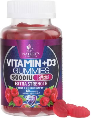 Vitamin D3 Gummies Extra Strength 5000 IU (125 mcg) - Raspberry Flavor Gummy Vitamins - Vitamin D Dietary Supplement for Bone, Teeth, Muscle &amp; Immune Health Support, Non-GMO, Gluten Free - 60 Gummies