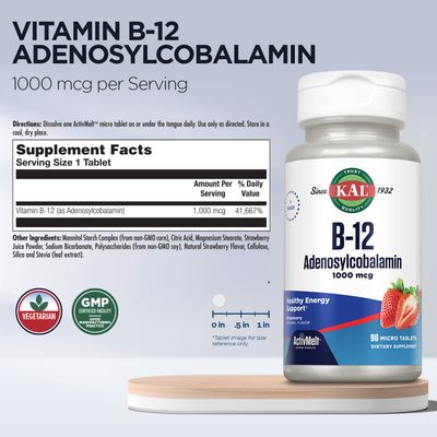KAL Vitamin B12 1000 mcg Adenosylcobalamin ActivMelt, B12 Energy Supplements, Metabolism, Nerve and Red Blood Cell Support, High Absorption, Vegetarian, Natural Strawberry, 90 Serv, 90 Micro Tablets