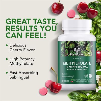 PlantFusion Vegan High Potency Methylfolate 5-MTHF - Fast Acting Sublingual Methyl Folate Supplement is 6X More Absorbable - Non-GMO, Supports Cardiovascular &amp; Brain - 60 Lozenges