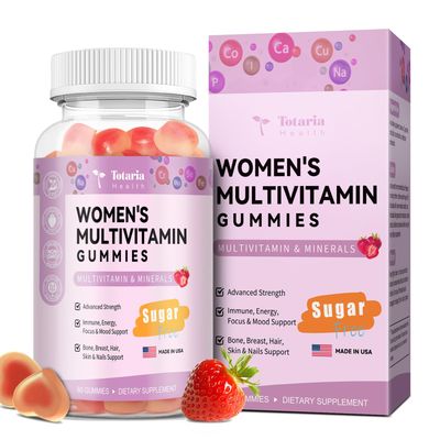 Totaria Sugar Free Multivitamin Gummies for Women 14+ w/Inositol, Iron, Folate, Biotin, Womens Daily Multivitamin Gummy w/Vitamin A, D, C, B, Support Hair, Skin, Energy, Immune, Strawberry Flavor