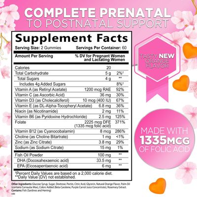 Prenatals for Women with Folate + DHA for Pregnancy & Fetal Support, Womens Prenatal Multivitamin Gummy with Folic Acid, Choline, Vitamin B6, B12, C & D3, Non-GMO Prenatal Vitamins - 120 Gummies