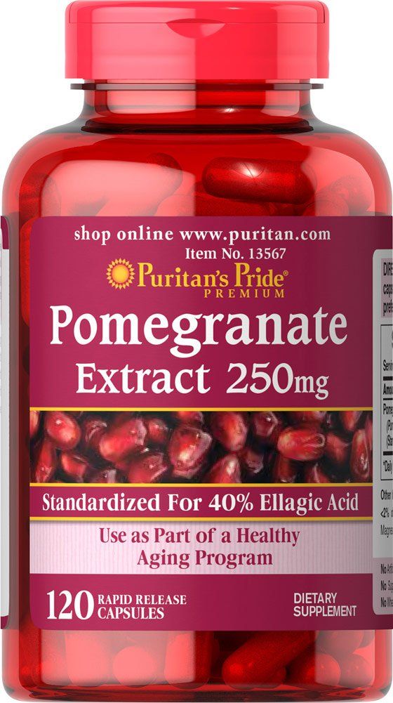 Puritan&#39;s Pride Premium Pomegranate Extract 250mg, Dietary Supplement for Antioxidant Health and Healthy Aging Program, 40% Ellagic Acid,120 Rapid Release Capsules (Packaging May Vary)