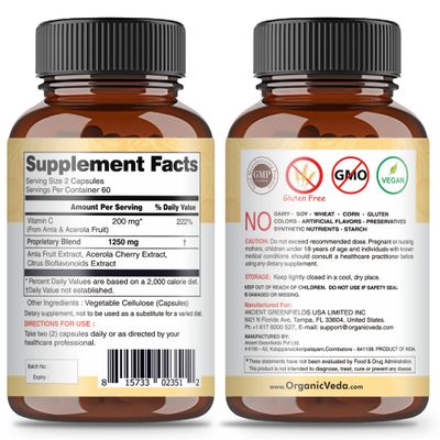 Organic Veda Acerola Amla Vitamin C Capsule - Organic Whole Food Natural Vitamin C Supplement with Bioflavonoids - for Immunity, Cellular Health, Skin Radiance &amp; Collagen Booster - 120 Vegan Pills