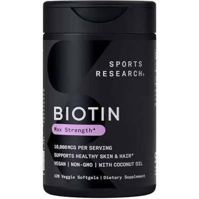 Sports Research Vegan Biotin 10,000mcg with Coconut Oil - Max Strength Biotin Vitamin B7 for Skin and Keratin Support - Non-GMO &amp; Gluten Free, 120 Softgels (4 Month Supply)