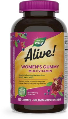 Nature&#39;s Way Alive! Women&#39;s Daily Gummy Multivitamins, 16 Vitamins &amp; Minerals, Energy Metabolism*, Hair Skin &amp; Nails*, Vegetarian, Mixed Berry Flavored, 130 Gummies (Packaging May Vary)