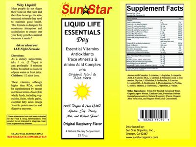 Sun Star Organics Liquid Day Multivitamin with Noni &amp; Aloe Vera, sweetened with Agave Nectar, 33 fl oz - Essential A, B, C, E &amp; D Vitamins, Antioxidants, Trace Minerals &amp; Amino Acid Complex