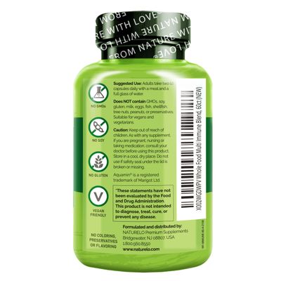 NATURELO Whole Food Multivitamin + Immune Blend with Elderberry &amp; Mushrooms - Complete Multivitamin with Extra Immune Support - C, D3, Zinc, Elderberry, Reishi, Shitake - 60 Vegan Capsules
