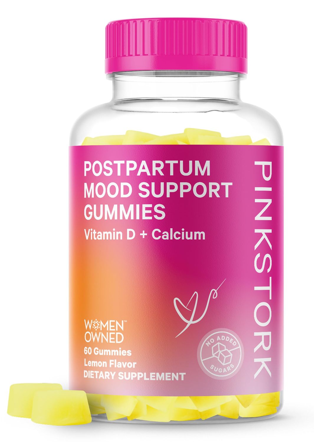 Pink Stork Postpartum Mood Support Vitamin D Gummies - Natural Hormone Balance for Women with Postnatal Vitamin D3 and Calcium - Postpartum Essentials for Breastfeeding - 60 Lemon Drop Gummies