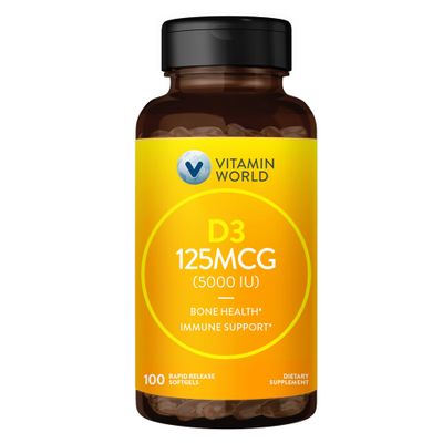 Vitamin World Vitamin D3 5000 IU 100 Softgels, Mega-Potency, Bioavailable, Promotes Bone Health, Helps Support Immune System, Rapid-Release, Gluten Free