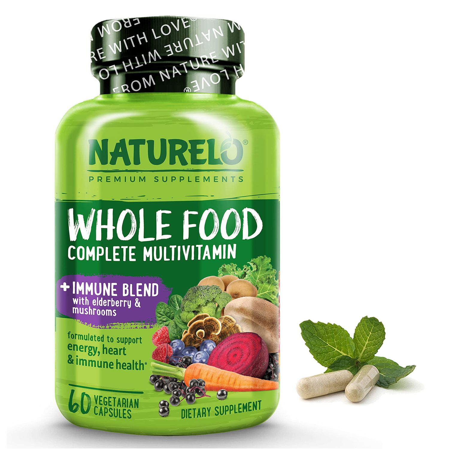 NATURELO Whole Food Multivitamin + Immune Blend with Elderberry &amp; Mushrooms - Complete Multivitamin with Extra Immune Support - C, D3, Zinc, Elderberry, Reishi, Shitake - 60 Vegan Capsules