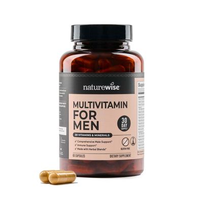 NatureWise Multivitamin for Men - Daily Male Support - Minerals &amp; Herbs for Energy, Performance, Immunity - with Vitamin A, C, D, B-Complex - Soy &amp; Gluten-Free, Non-GMO - 60 Capsules[1-Month Supply]