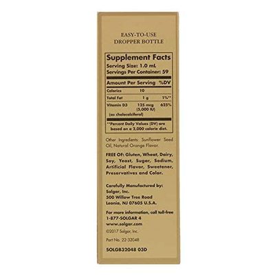 SOLGAR Liquid Vitamin D3 125 mcg (5,000 IU) - 2 fl oz - Delicious, Natural Orange Flavor - Helps Maintain Healthy Bones & Teeth - Immune System Support - Gluten Free, Dairy Free, Kosher - 59 Servings