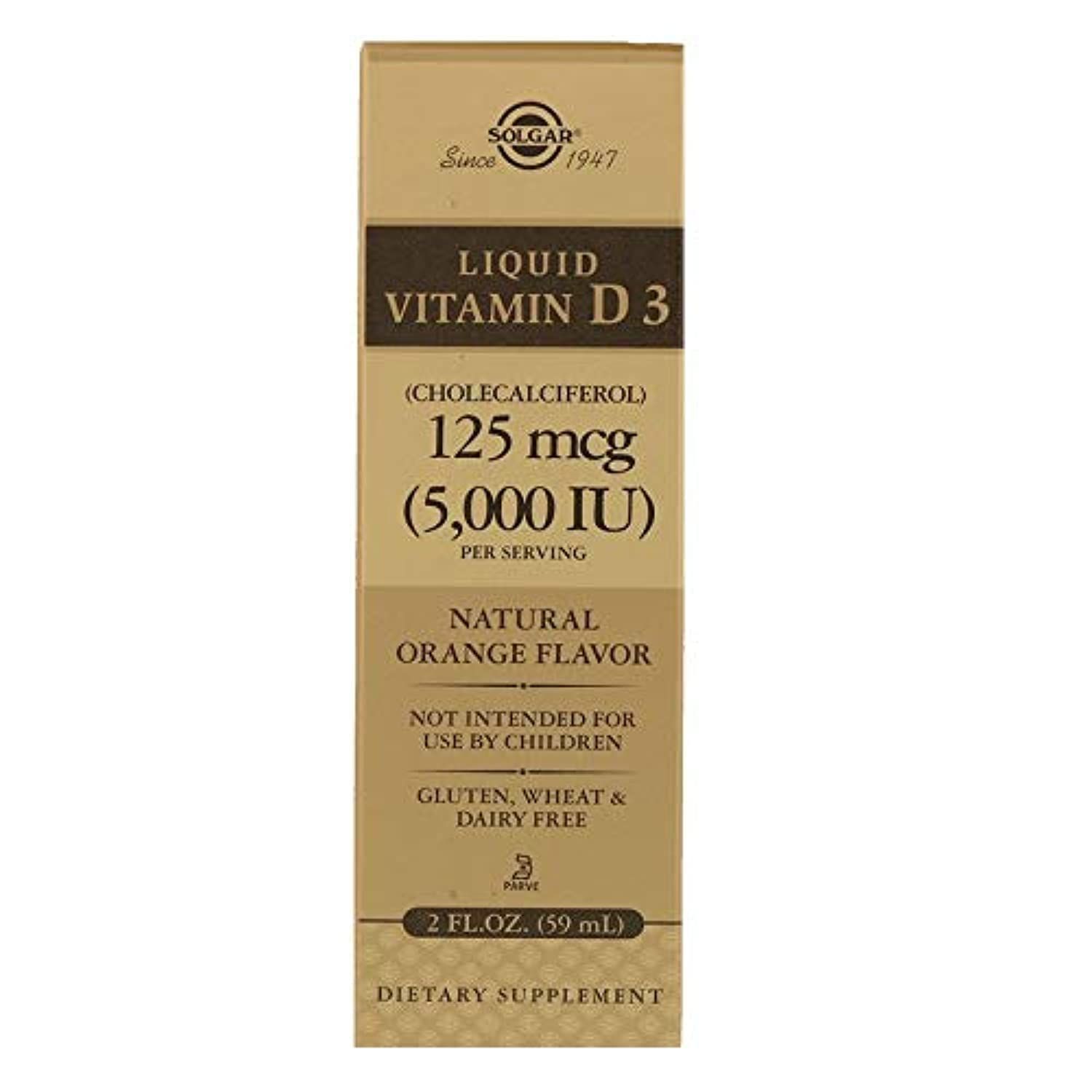 SOLGAR Liquid Vitamin D3 125 mcg (5,000 IU) - 2 fl oz - Delicious, Natural Orange Flavor - Helps Maintain Healthy Bones &amp; Teeth - Immune System Support - Gluten Free, Dairy Free, Kosher - 59 Servings