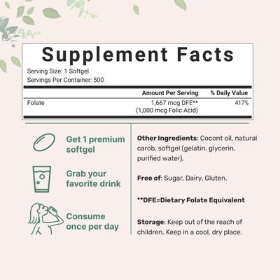Folic Acid 1,000 mcg, 500 Coconut Oil Softgels (1mg) | Essential Prenatal Vitamins (Vitamin B9) | 1,667 mcg DFE | Third Party Tested, No Artificial Colors or Flavors | Non-GMO, Gluten Free
