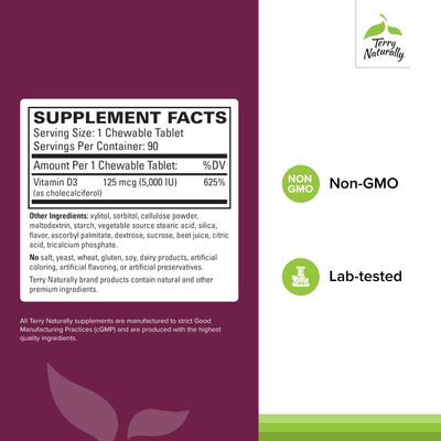 Terry Naturally Vitamin D3 5,000 IU - 90 Chewable Tablets, Mixed Berry Flavor - Supports Strong Bones, Teeth & Immune System - Non-GMO, Gluten Free - 90 Servings