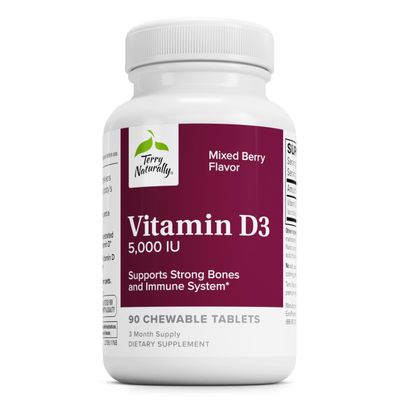 Terry Naturally Vitamin D3 5,000 IU - 90 Chewable Tablets, Mixed Berry Flavor - Supports Strong Bones, Teeth &amp; Immune System - Non-GMO, Gluten Free - 90 Servings