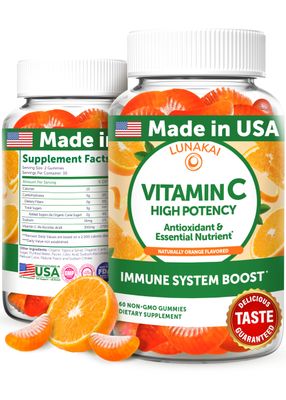 Lunakai USA Made High Potency Vitamin C Gummies for Adults and Kids - 300mg Immune Support - Non-GMO, Vegan, Delicious Orange Flavor, 60ct
