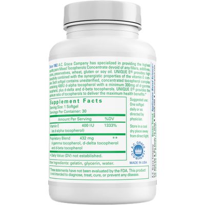 UNIQUE E A.C. Grace Company, Mixed Tocopherols Concentrate Softgels, 30 Count
