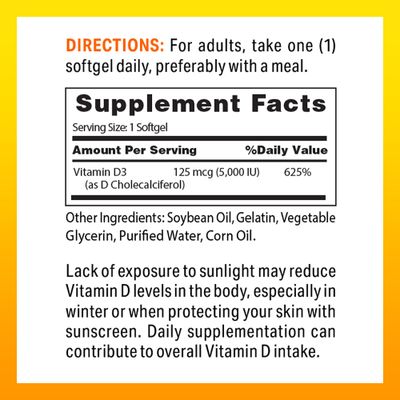 Vitamin World Vitamin D3 5000 IU 100 Softgels, Mega-Potency, Bioavailable, Promotes Bone Health, Helps Support Immune System, Rapid-Release, Gluten Free