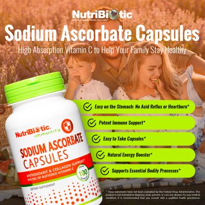 NutriBiotic - Sodium Ascorbate Buffered Vitamin C Capsules, 100 Ct | Vegan, Non-Acidic &amp; Easier on Digestion Than Ascorbic Acid | Essential Immune Support &amp; Antioxidant Supplement | Gluten &amp; GMO Free
