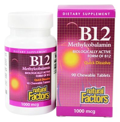 Natural Factors, Vitamin B12 Methylcobalamin 1000 mcg, Chewable Support for Energy and Immune Health, Vegetarian, Gluten Free, 90 tablets (90 servings)