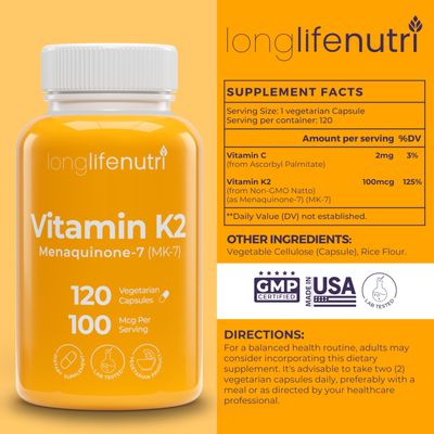 LongLifeNutri Vitamin K2 MK-7 100mcg - Nutrient Support for Bones and Circulation, 120 Vegetarian Capsules, 4-Month Supply, Lab Tested, Made in The USA, Non-GMO