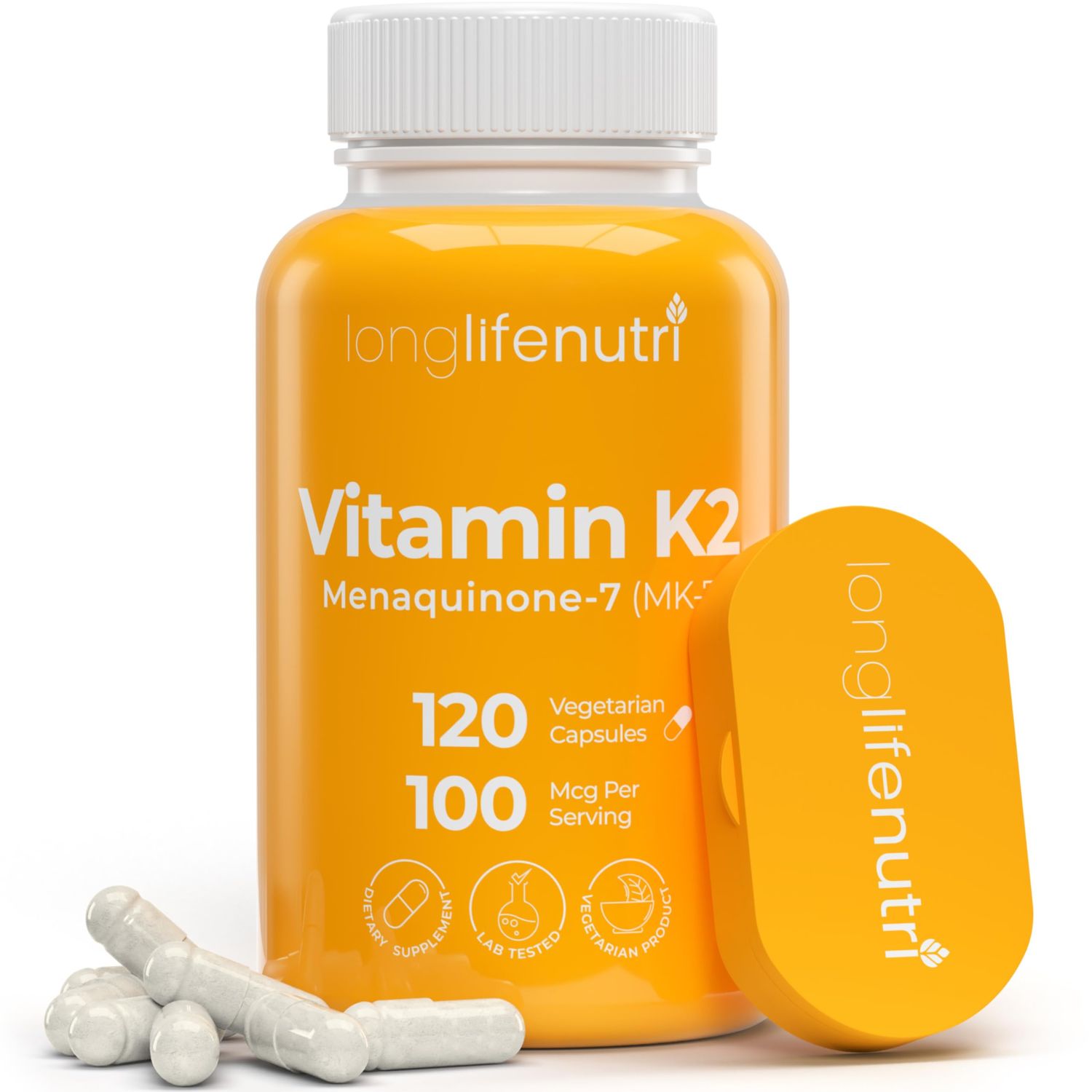 LongLifeNutri Vitamin K2 MK-7 100mcg - Nutrient Support for Bones and Circulation, 120 Vegetarian Capsules, 4-Month Supply, Lab Tested, Made in The USA, Non-GMO