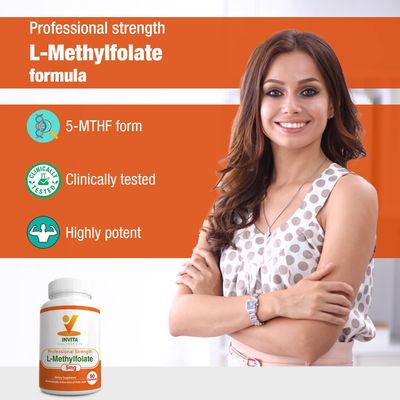 INVITA L-Methylfolate - Professional Strength Active Methyl Folate - 5-MTHF Supplement for Energy, Mood & Immune Support - Non GMO, Gluten Free, No Fillers (5 Mg)