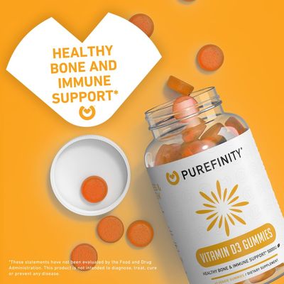 PUREFINITY Vitamin D3 5000 iu Gummies - Your Daily Vitamin D Supplement for Bone Health, Immune Health, and Joint Muscle Support for Adults &amp; Kids - Gluten Free, Non-GMO - 60 Vegan Gummies