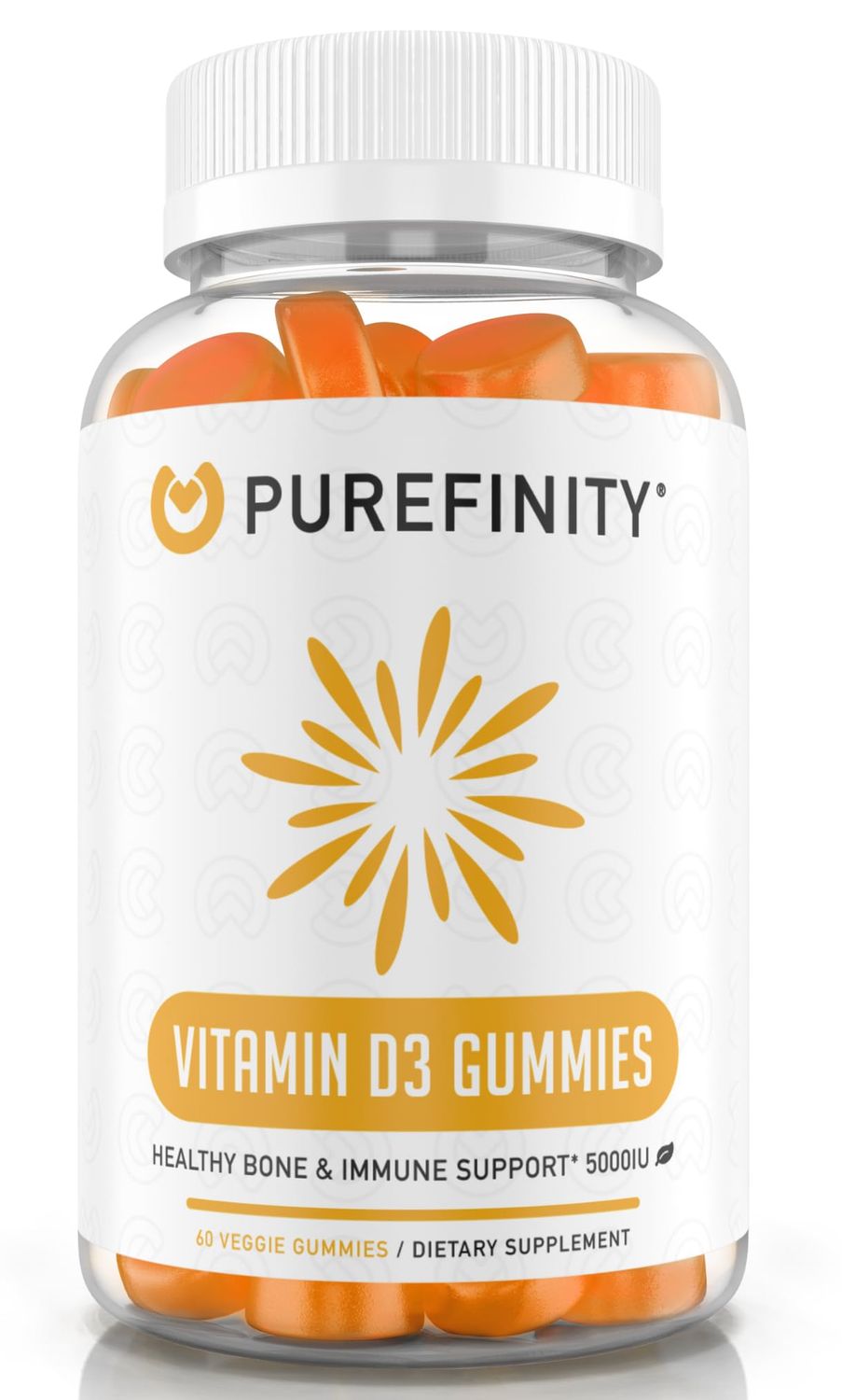 PUREFINITY Vitamin D3 5000 iu Gummies - Your Daily Vitamin D Supplement for Bone Health, Immune Health, and Joint Muscle Support for Adults &amp; Kids - Gluten Free, Non-GMO - 60 Vegan Gummies