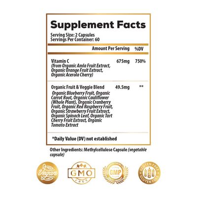 Ideal Infusion Raw Whole Food Vitamin C Complex: 100% Plant-Based Vitamin C Extracted from Oranges and Acerola Cherry with Food Based Bioflavanoids (60 Servings) No Synthetic Ascorbic Acid
