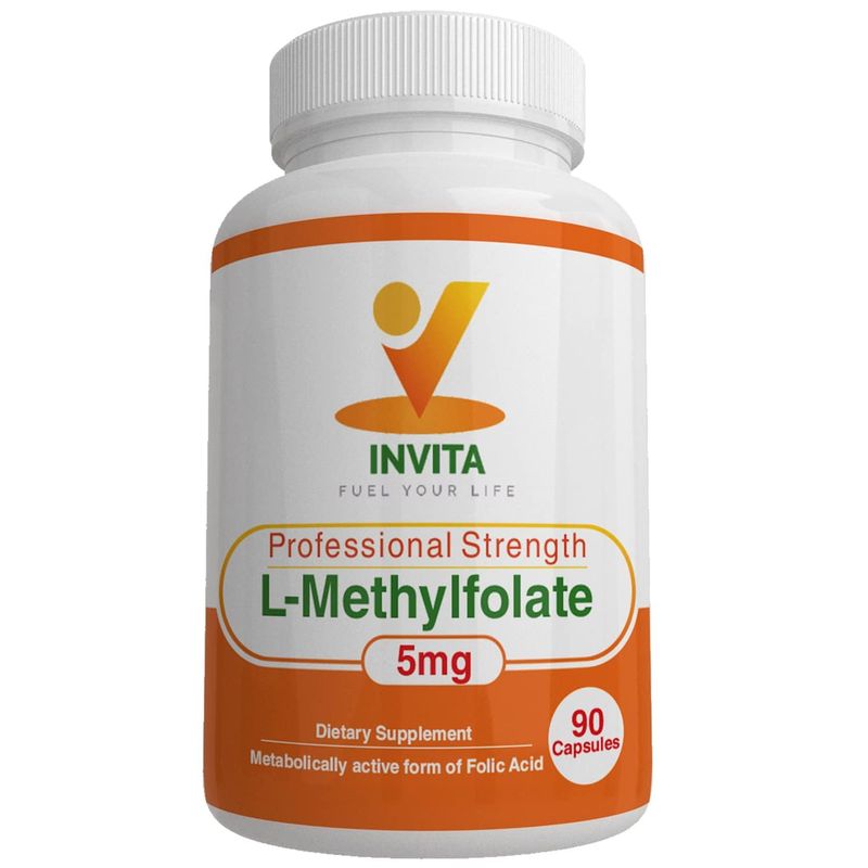 INVITA L-Methylfolate - Professional Strength Active Methyl Folate - 5-MTHF Supplement for Energy, Mood &amp; Immune Support - Non GMO, Gluten Free, No Fillers (5 Mg)