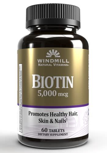 Windmill Natural Vitamins Biotin 5000 mcg, Supports Healthy Hair, Skin &amp; Nails, Metabolism Booster, 60 Count, 60 Servings