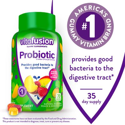 Vitafusion Probiotic Gummy Supplements, Raspberry, Peach and Mango Flavors, Probiotic Nutritional Supplements with 5 Billion CFUs, Americas Number 1 Gummy Vitamin Brand, 35 Day Supply, 70 Count