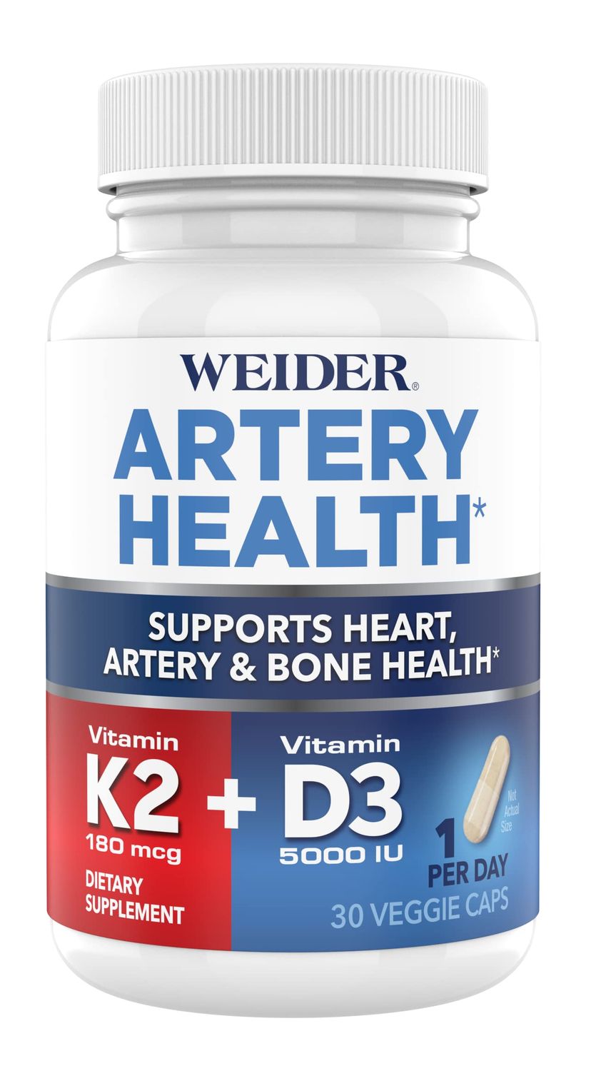 Weider Artery Health for Heart, Immune and Bone Support with Vitamin K2 (180mcg) &amp; Vitamin D3 (5000iu), 30 Veggie Capsules