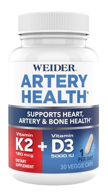 Weider Artery Health for Heart, Immune and Bone Support with Vitamin K2 (180mcg) &amp; Vitamin D3 (5000iu), 30 Veggie Capsules